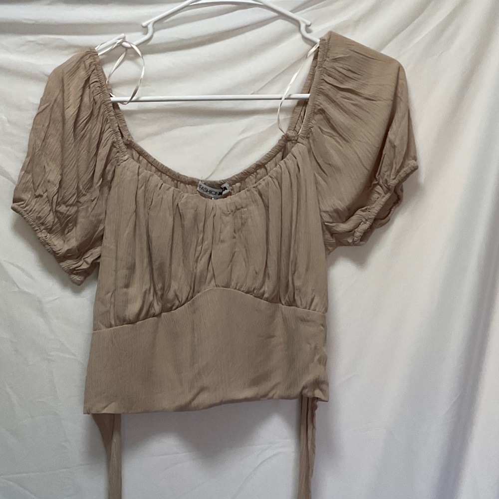 Fashion Nova Tan Puff Sleeve Tie Off the Shoulder Crop Top